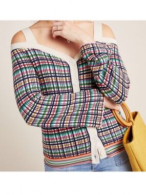 Anthropologie Krissy Plaid Cold-Shoulder Cardigan NWT Sz S